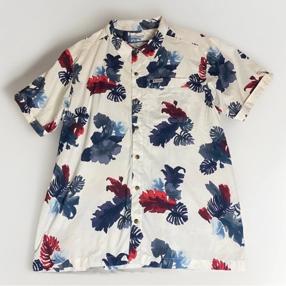 Columbiaโ Men's Omni-Wick White Hawaiian Short Sleeve Shirt Blue & Red Floral XL
